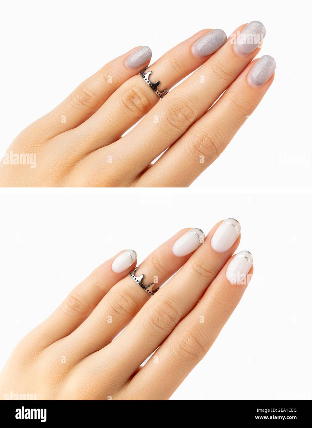 Womans hands before and after manicure correction procedure Stock Photo