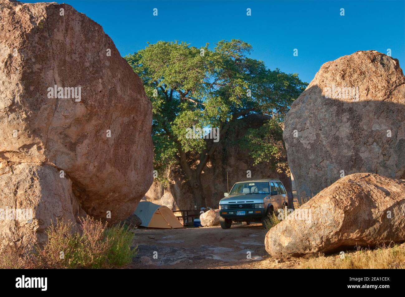 Campsite at City of Rocks State Park, Mimbres Valley, Chihuahuan Desert, New Mexico, USA Stock Photo