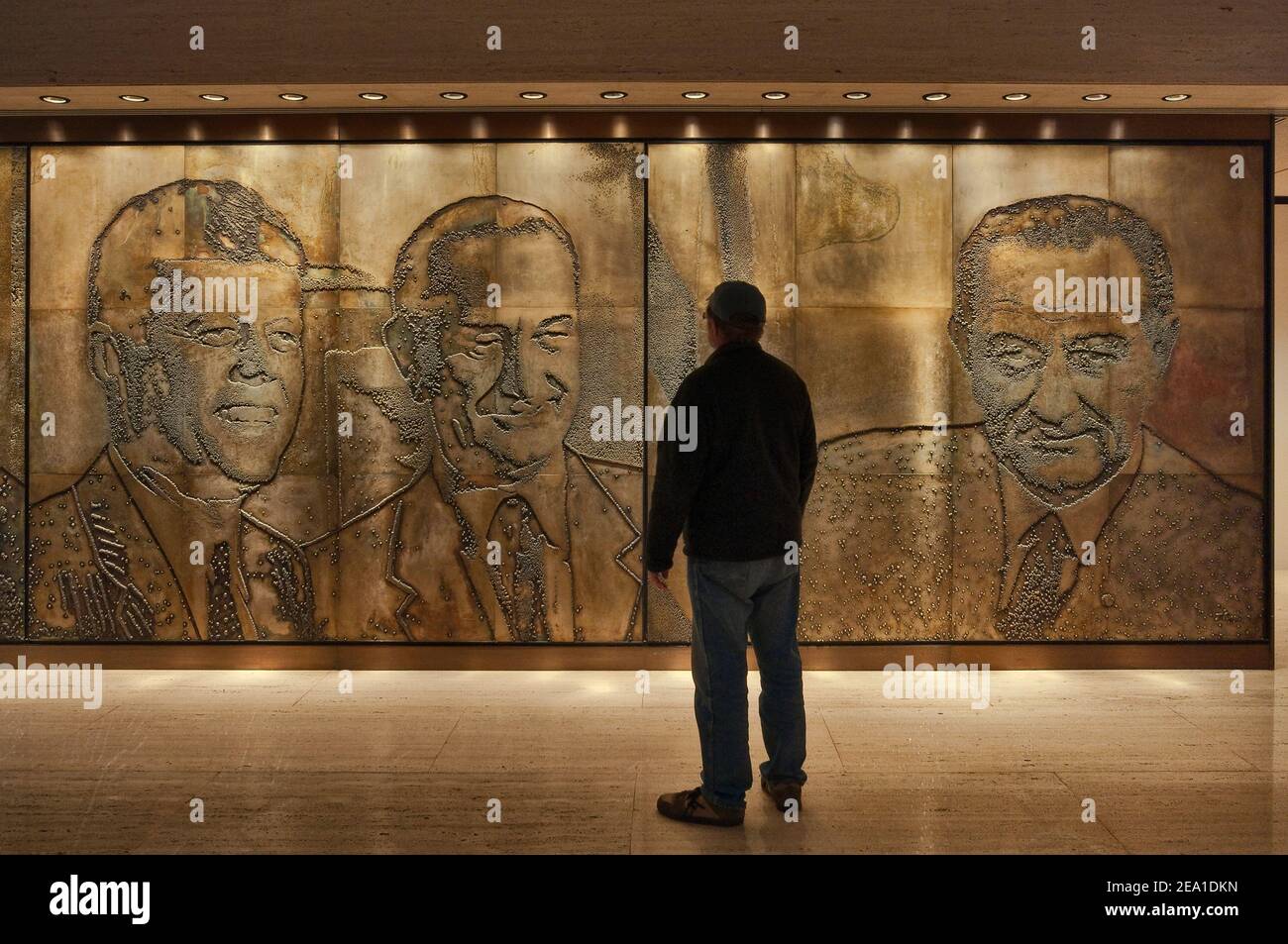Presidents Kennedy and Johnson in photo-engraving magnesium mural by Naomi Savage, Great Hall, Lyndon Johnson Library and Museum in Austin, Texas, USA Stock Photo