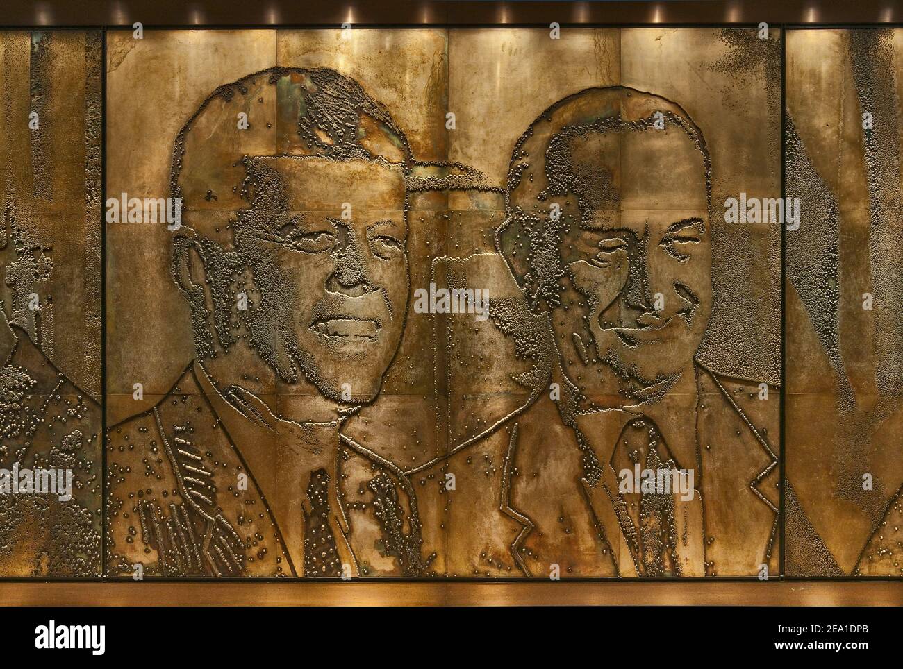 Presidents Kennedy and Johnson in photo-engraving magnesium mural by Naomi Savage, Great Hall, Lyndon Johnson Library and Museum in Austin, Texas, USA Stock Photo