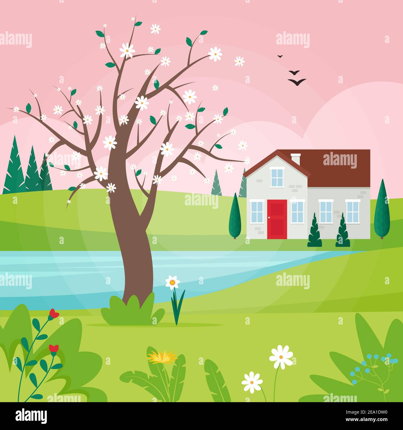 Spring landscape with flowering tree and house. Cute vector illustration in flat style Stock Vector