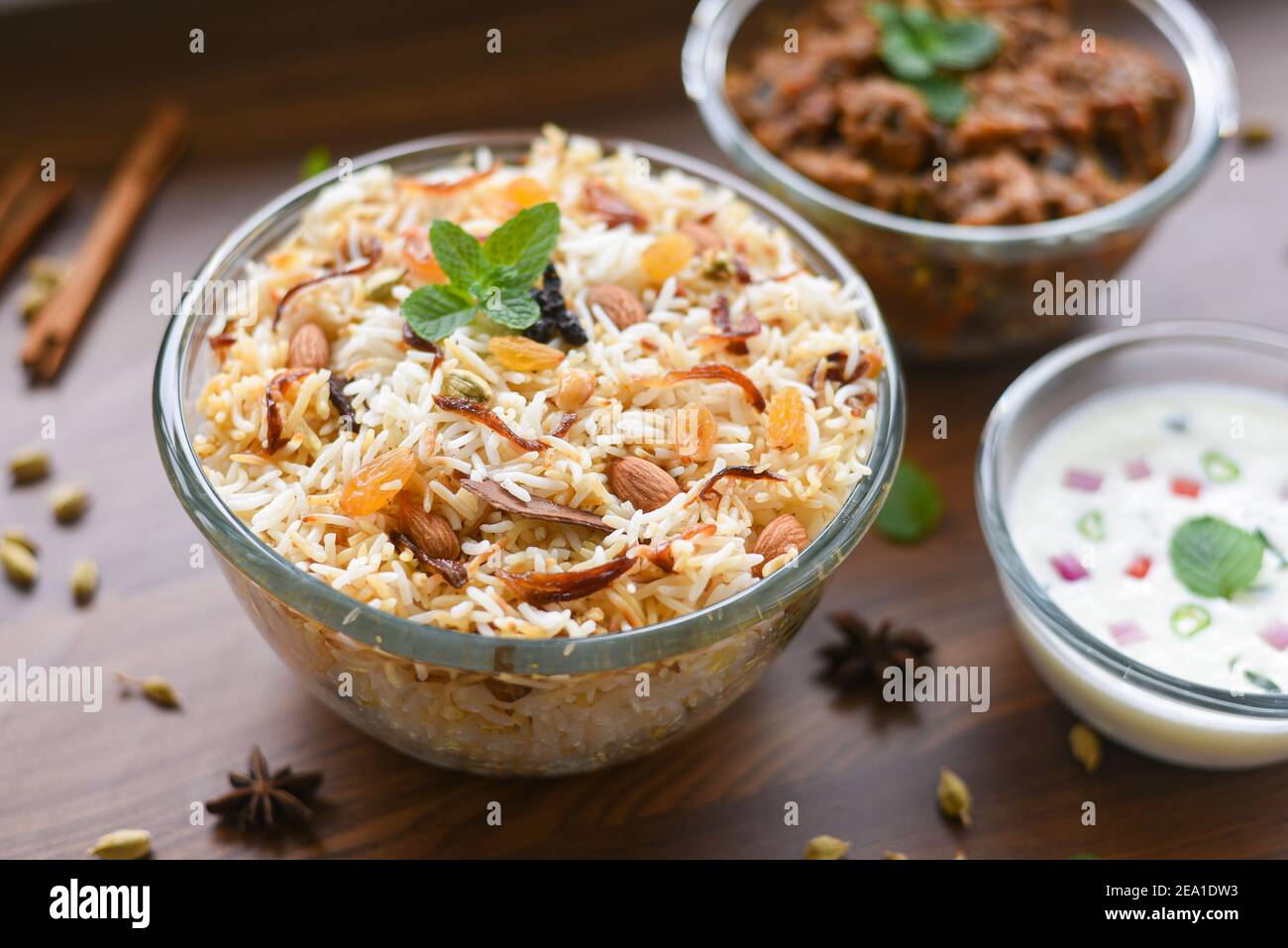Chicken biryani. Spicy Indian Malabar biryani or Hydrabadi biryani, Dum Biriyani, fish and rice