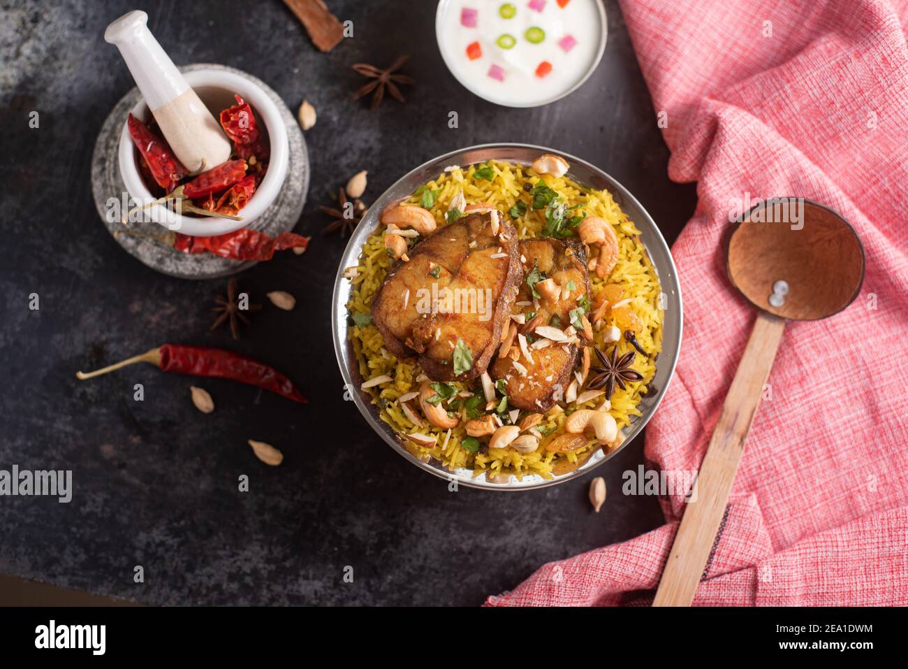 Fish biryani. Spicy Indian Malabar biryani or Hydrabadi biryani, Dum Biriyani, fish and rice