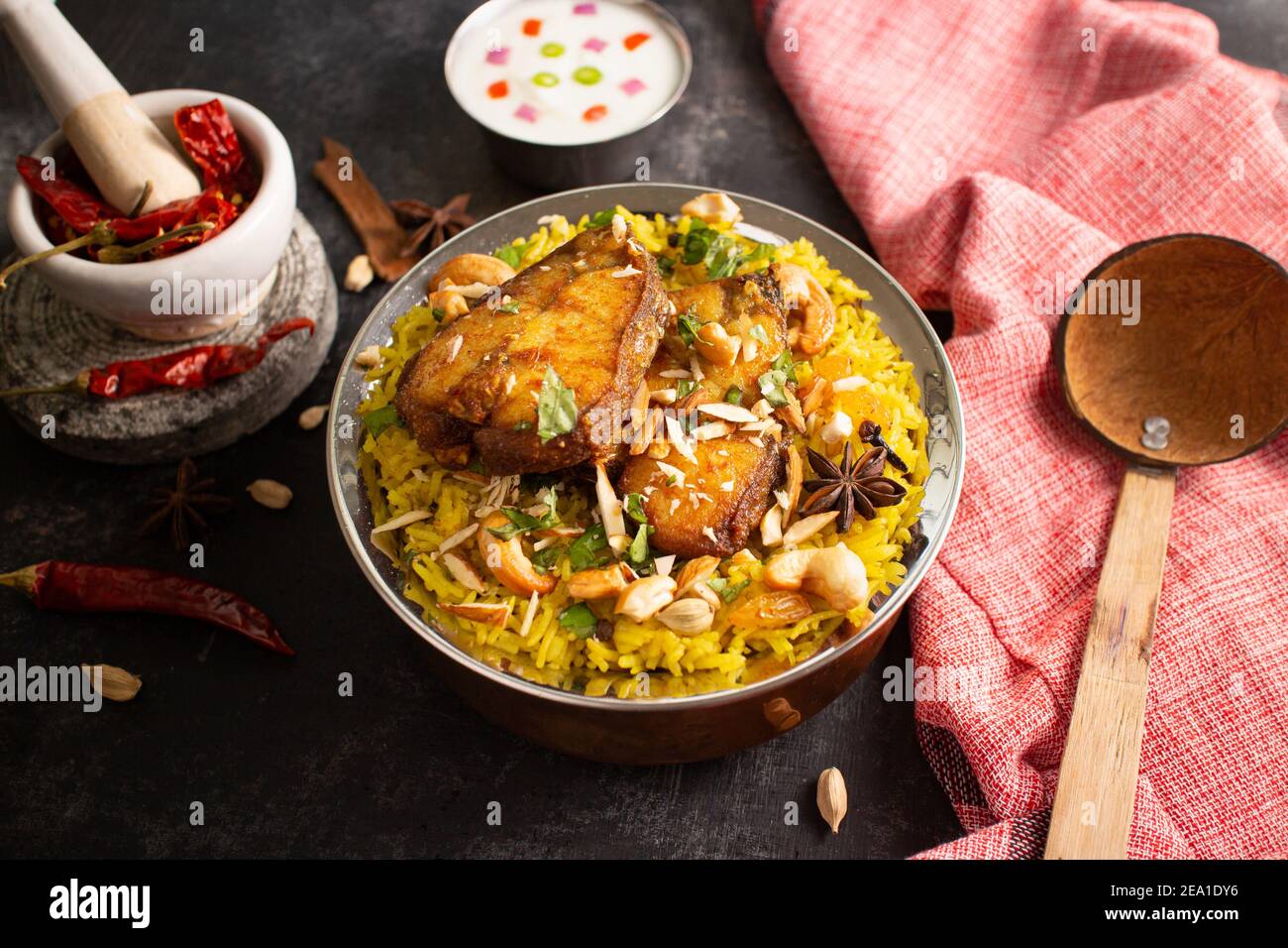 Fish biryani. Spicy Indian Malabar biryani or Hydrabadi biryani, Dum Biriyani, fish and rice