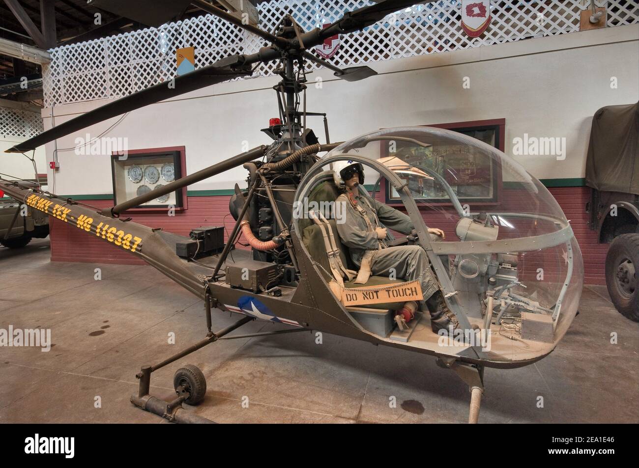 Hiller OH-23B Raven, Korean War helicopter, Great Hall at Texas Military Forces Museum at Camp Mabry in Austin, Texas, USA Stock Photo