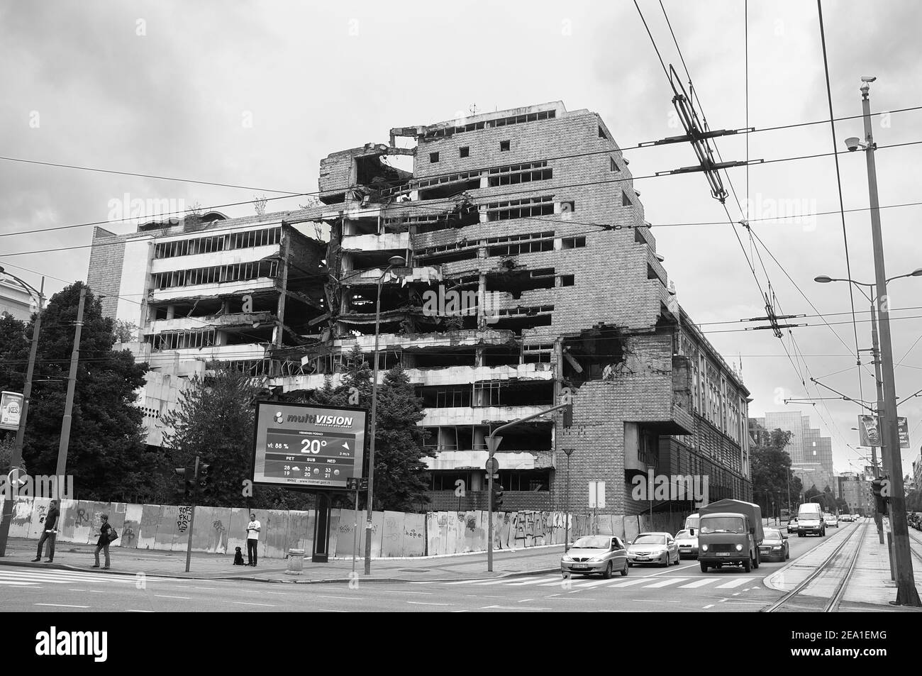 BELGRAD, SERBIA - AUGUST 01: ruins of Ministry of Defense building bombed by NATO in 1999. Shot in 2014 Stock Photo