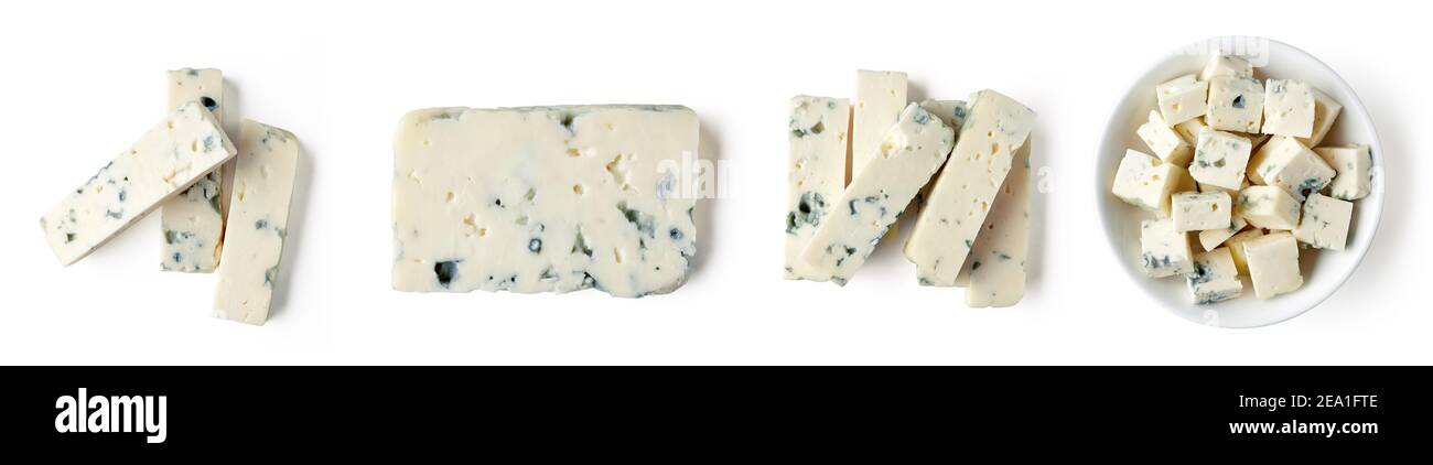 Bowl of blue cheese cubes isolated on white background, top view Stock