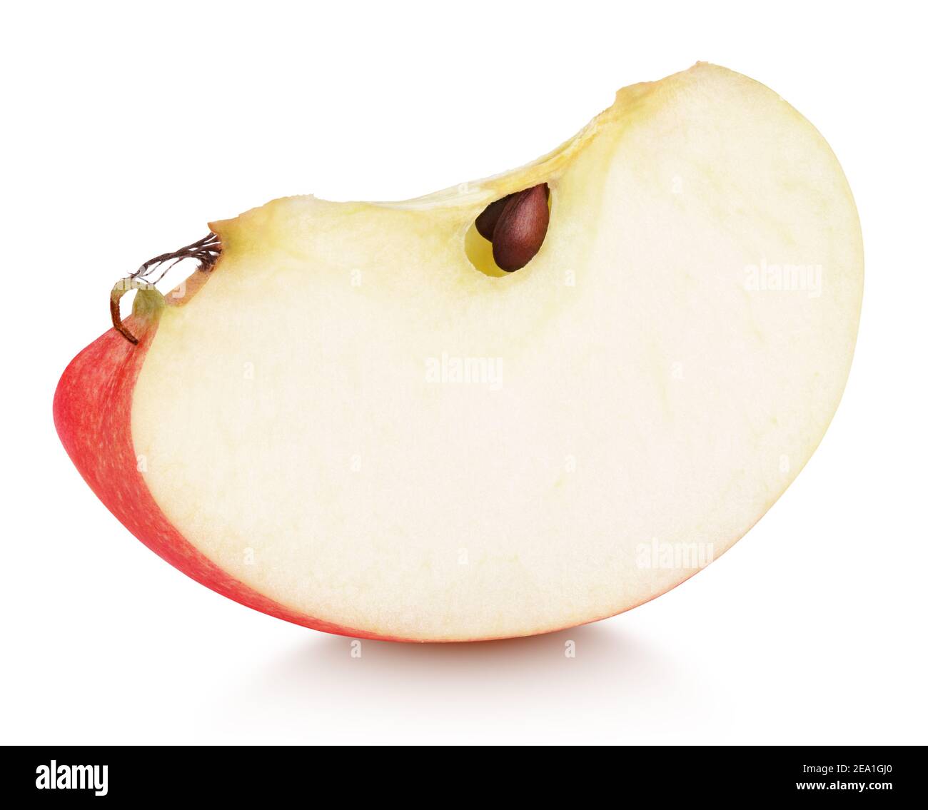 Slice of red apple fruit isolated on white background with shadow. Red apple wedge with seeds Stock Photo