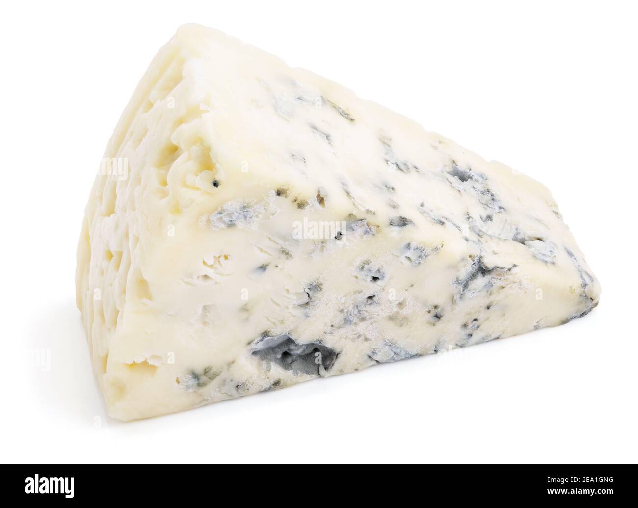 Wedge of soft blue cheese with mold isolated on white background. Blue cheese slice with clipping path Stock Photo