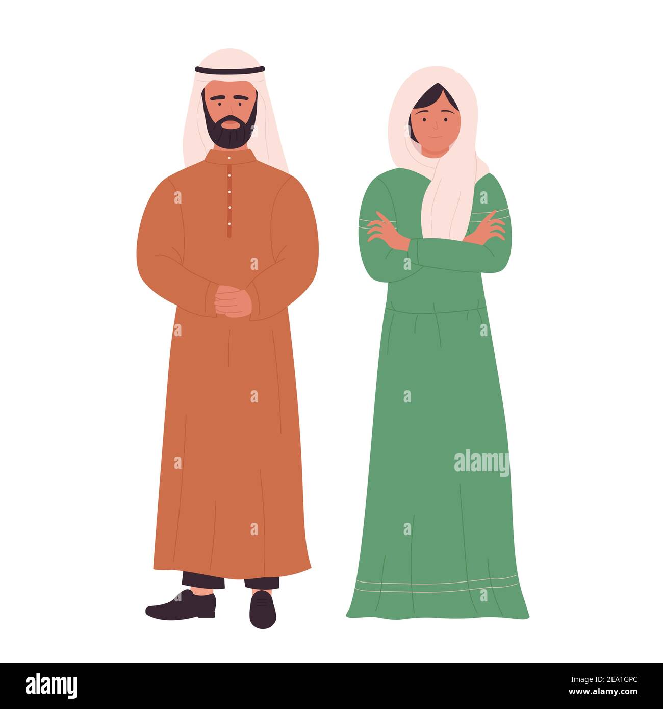 Muslim family or couple people vector illustration. Cartoon arab flat young man woman, arabian husband and wife standing together, saudi characters wearing traditional clothes isolated on white Stock Vector