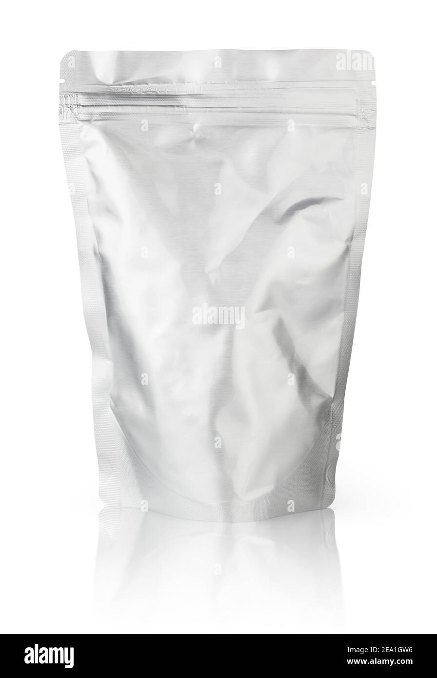 Blank foil plastic pouch food packaging isolated on white background. Single aluminium coffee package bag with clipping path. Stock Photo
