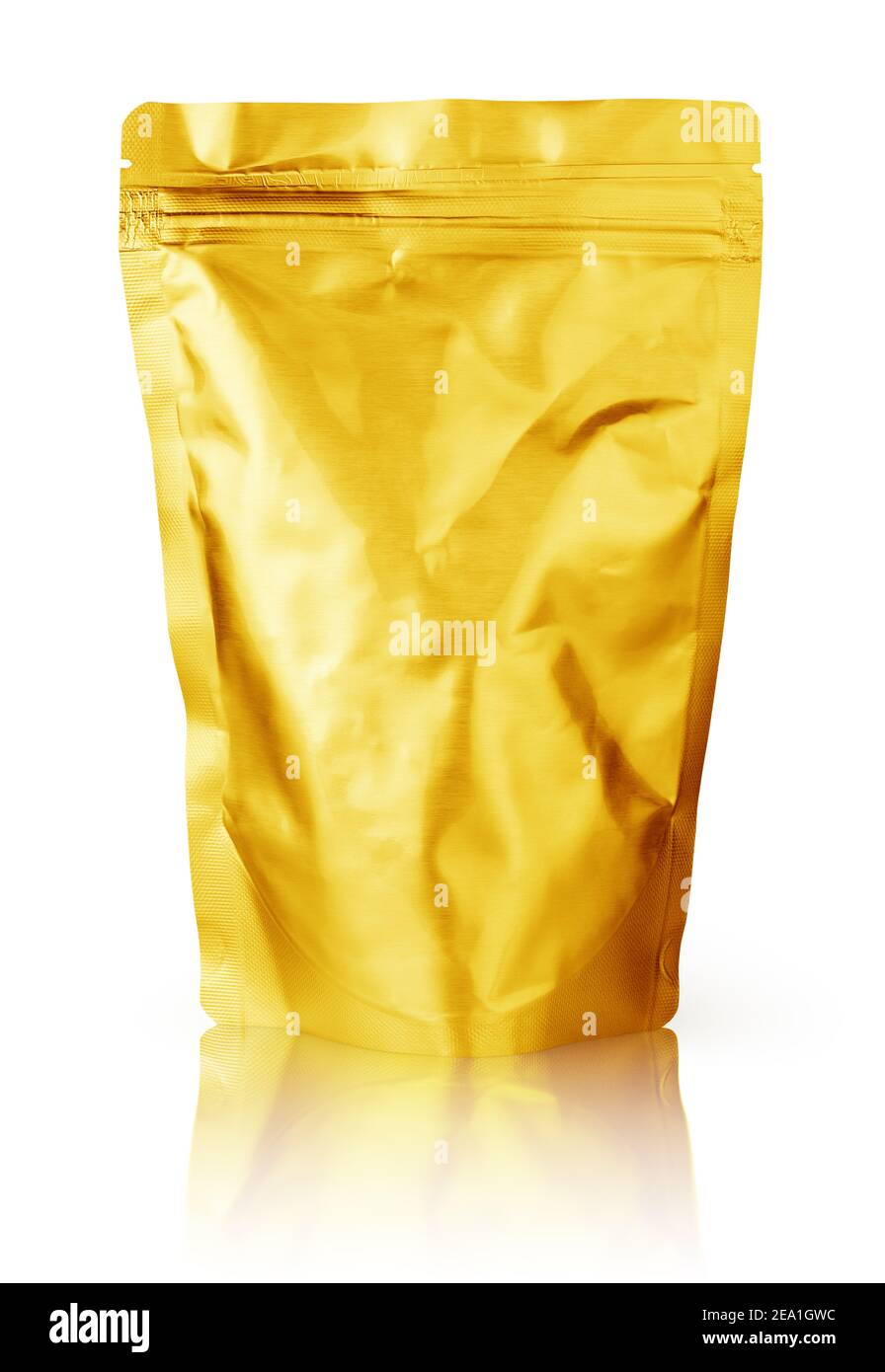 Blank golden foil plastic pouch food packaging isolated on white background. Single gold aluminum coffee package bag with clipping path. Stock Photo