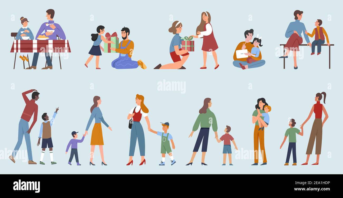 Parents with children, happy parenting vector illustration set. Cartoon family people spend time together, father mother and cute child daughter or son characters playing, eating food and walking Stock Vector