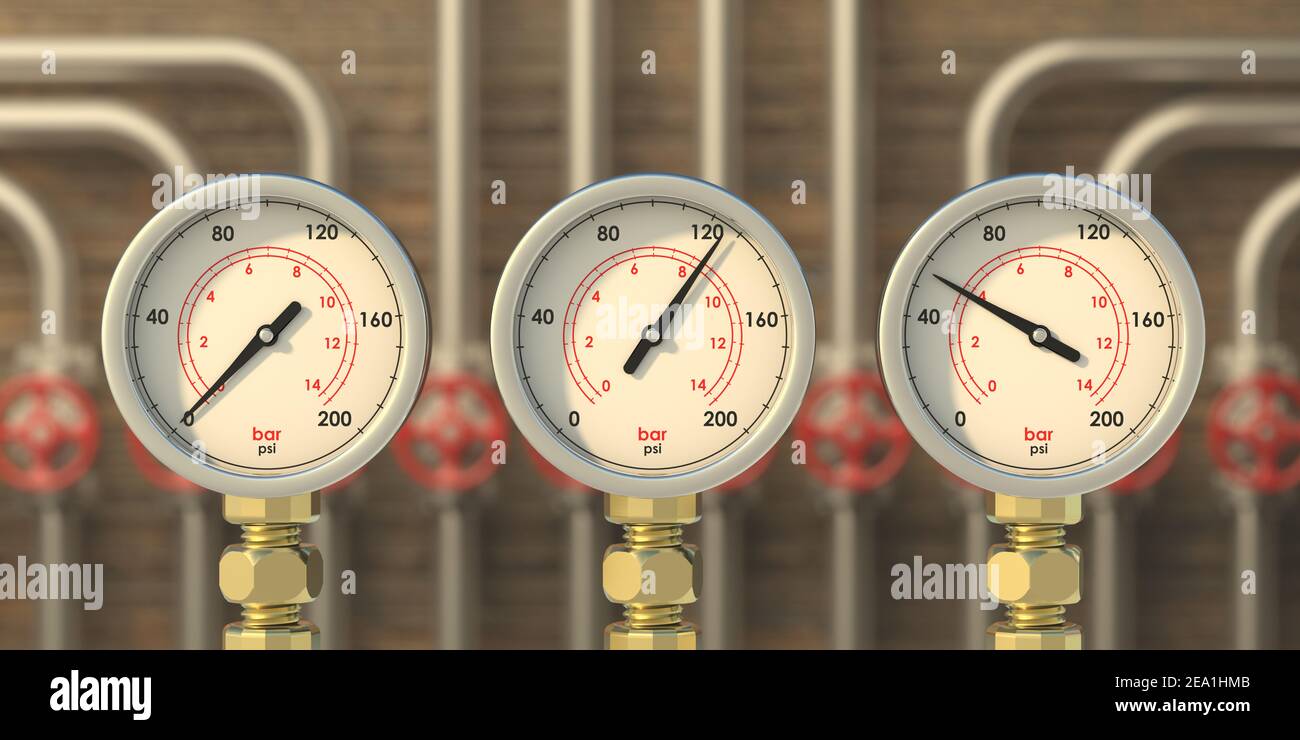 Industrial plant pipeline manometers and valves. Pressure measure