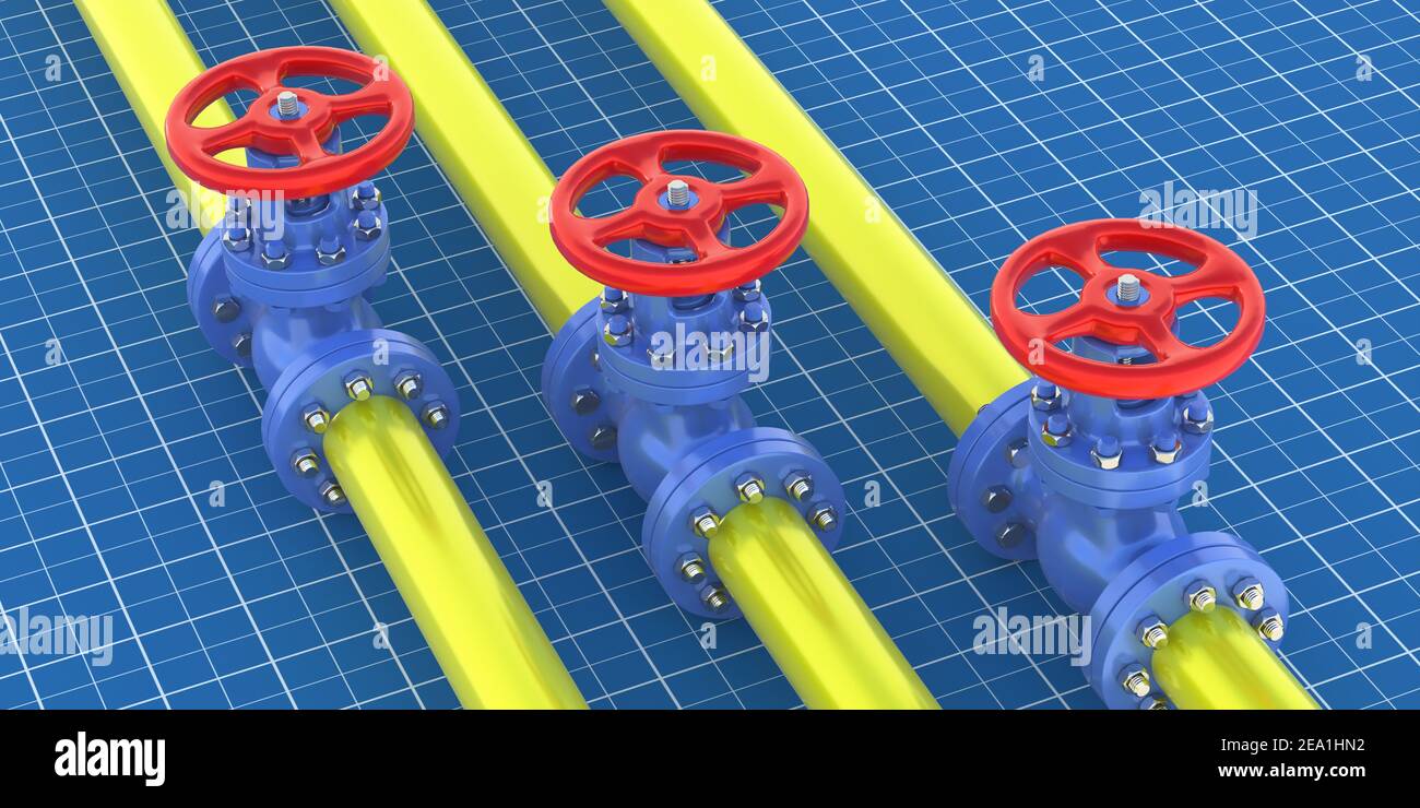 Oil and gas plant pipeline valve. Industrial pipeline and valve with red wheel blueprint drawings, Chemical plant, project design and construction. 3d Stock Photo