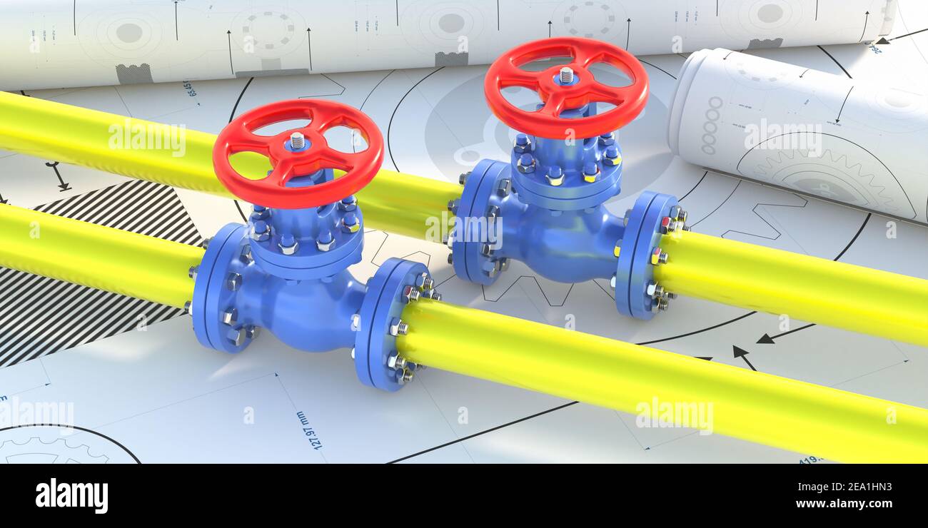 Oil and gas plant pipeline valve. Industrial pipeline and valve with red wheel blueprint drawings, Chemical plant, project design and construction. 3d Stock Photo