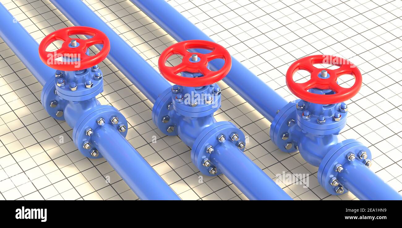 Water piping. Industrial metal pipelines blue color and valves with red wheels on blueprints background, Drink water treatment plant design and constr Stock Photo