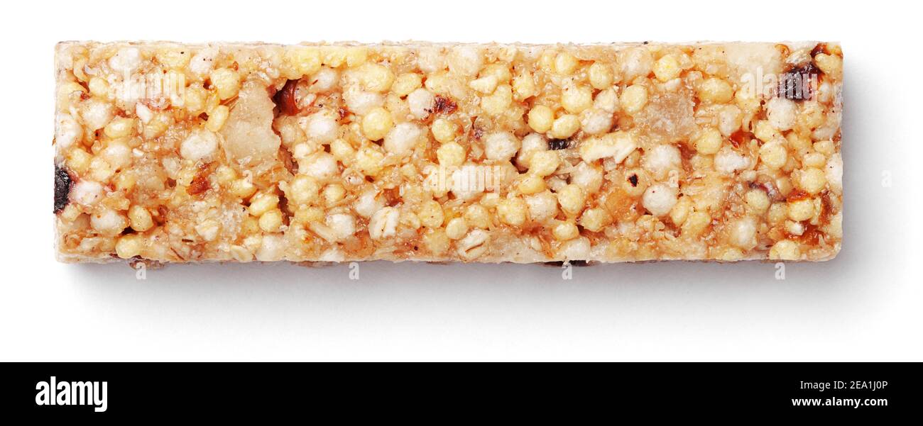 Top view of healthy granola bar (muesli or cereal bar) isolated on white background Stock Photo