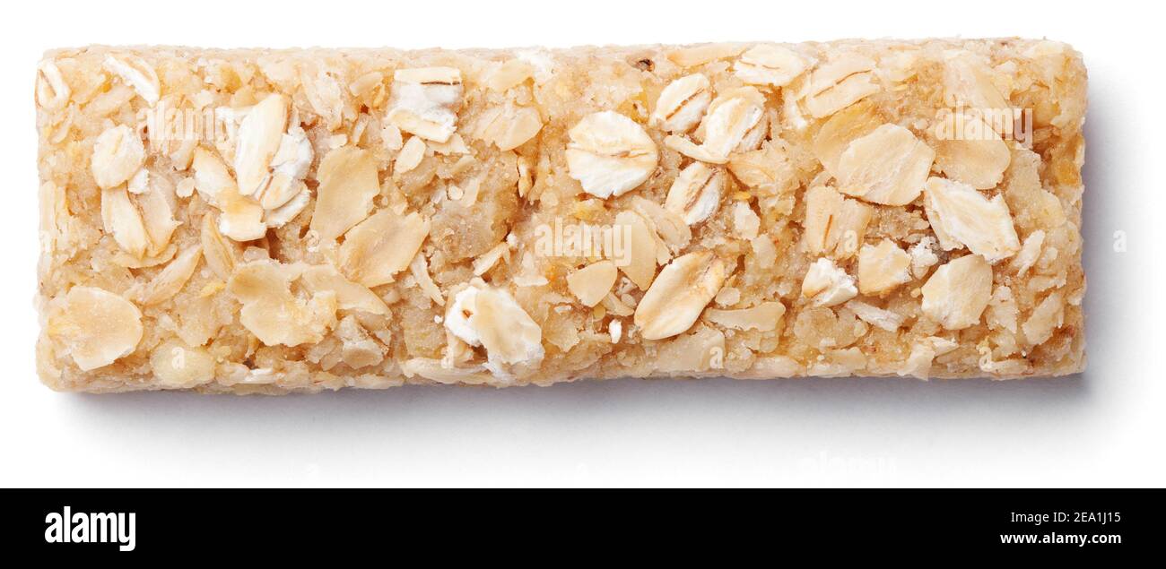 Top view of healthy oat granola bar (muesli or cereal bar) isolated on white background Stock Photo
