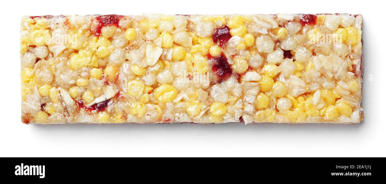 Top view of healthy granola bar (muesli or cereal bar) isolated on