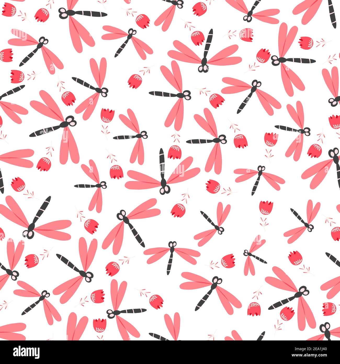 Seamless pattern with color dragonfly and flowers on white background ...
