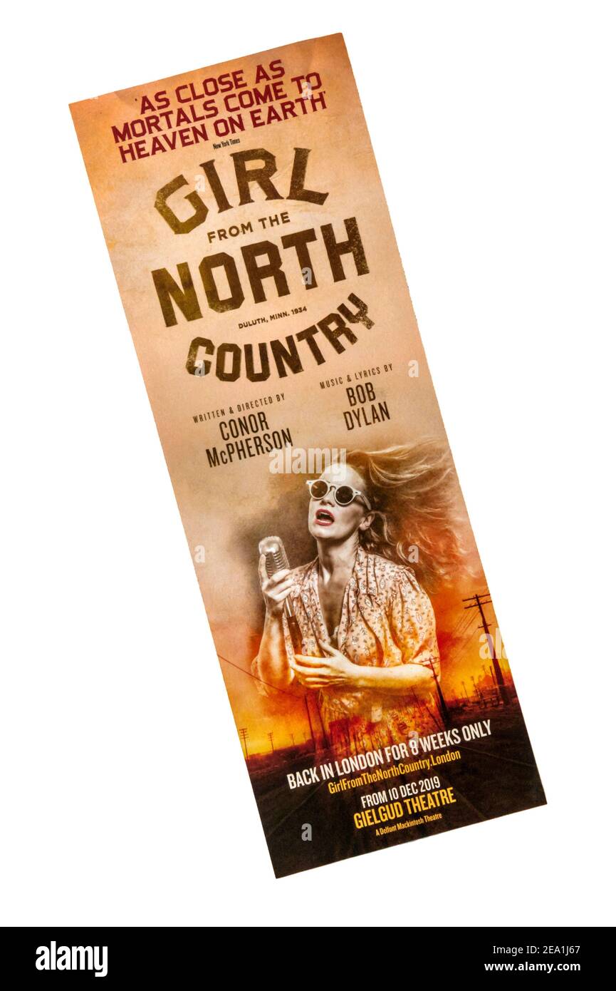 A promotional flyer for the 2019 production of Girl From The North Country featuring the music of Bob Dylan at the Gielgud Theatre. Stock Photo