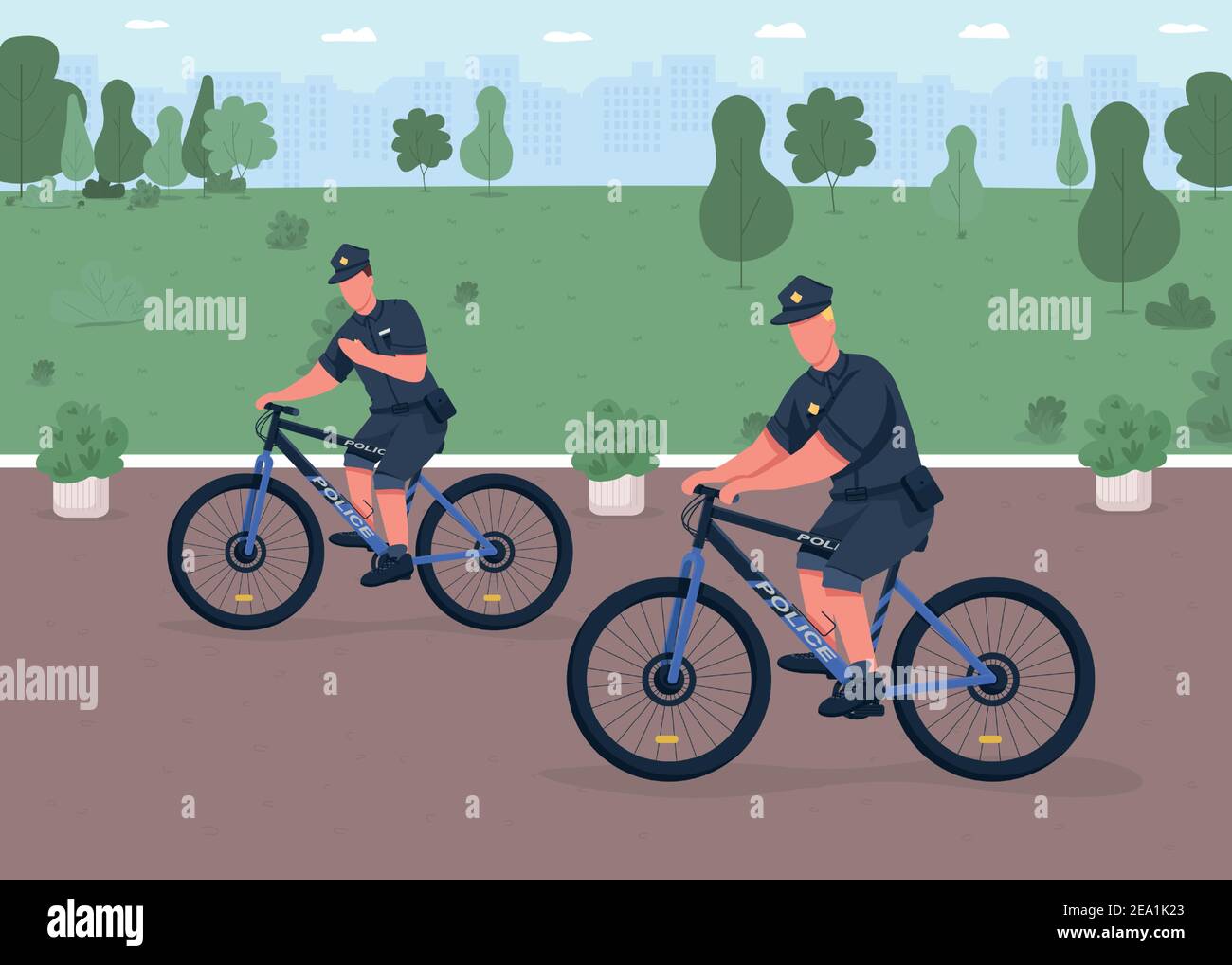 Police bicycle patrol flat color vector illustration Stock Vector