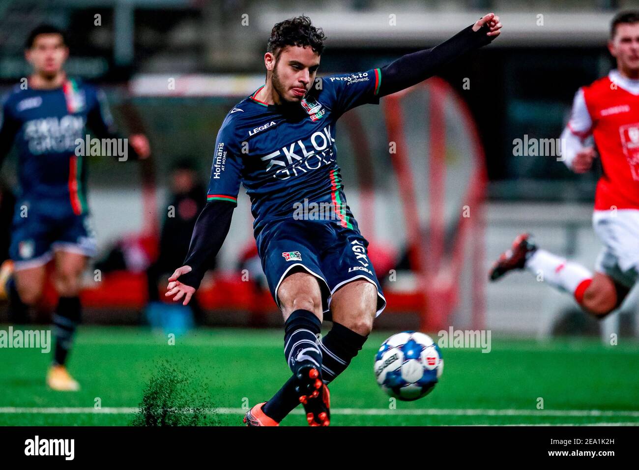 MAASTRICHT, NETHERLANDS - FEBRUARY 6: Ayman Sellouf of NEC scoring a goal (2:1) during the Dutch Keukenkampioendivisie match between MVV and NEC at De Stock Photo
