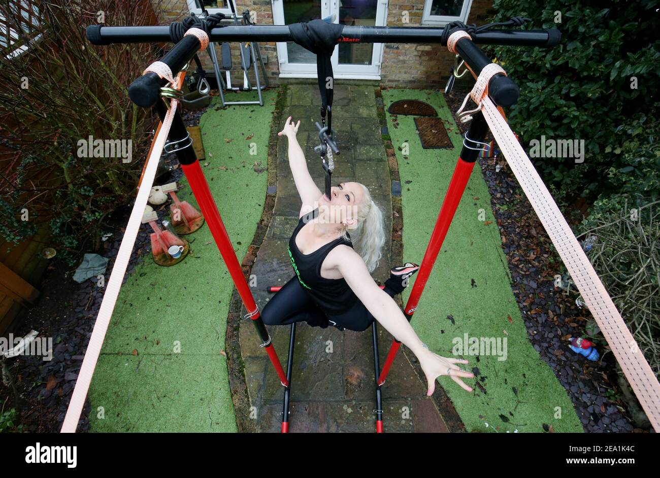 Circus contortionist Stephanie Bates performs on an aerial rig set up