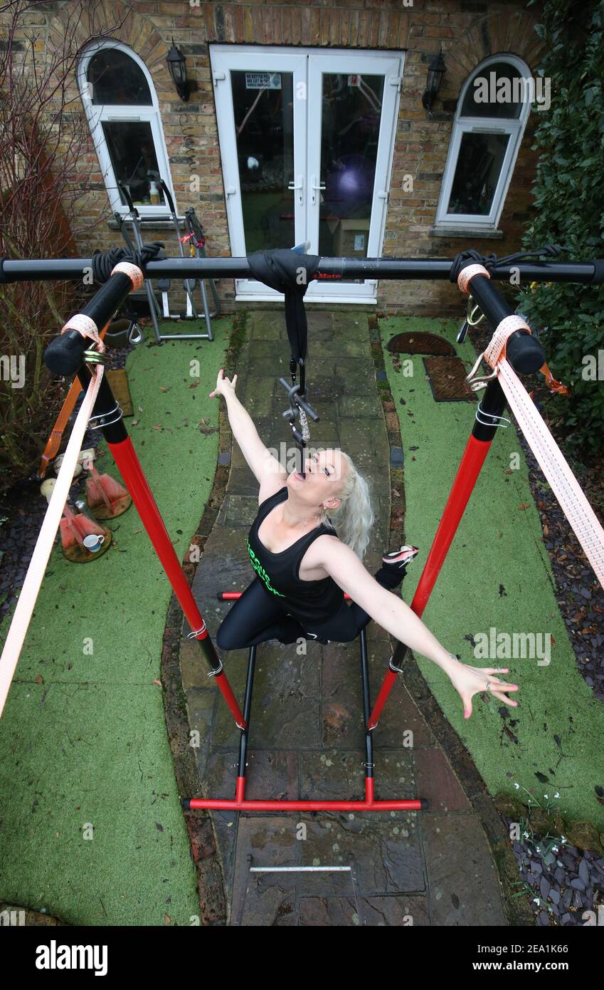 Circus contortionist Stephanie Bates performs on an aerial rig set up