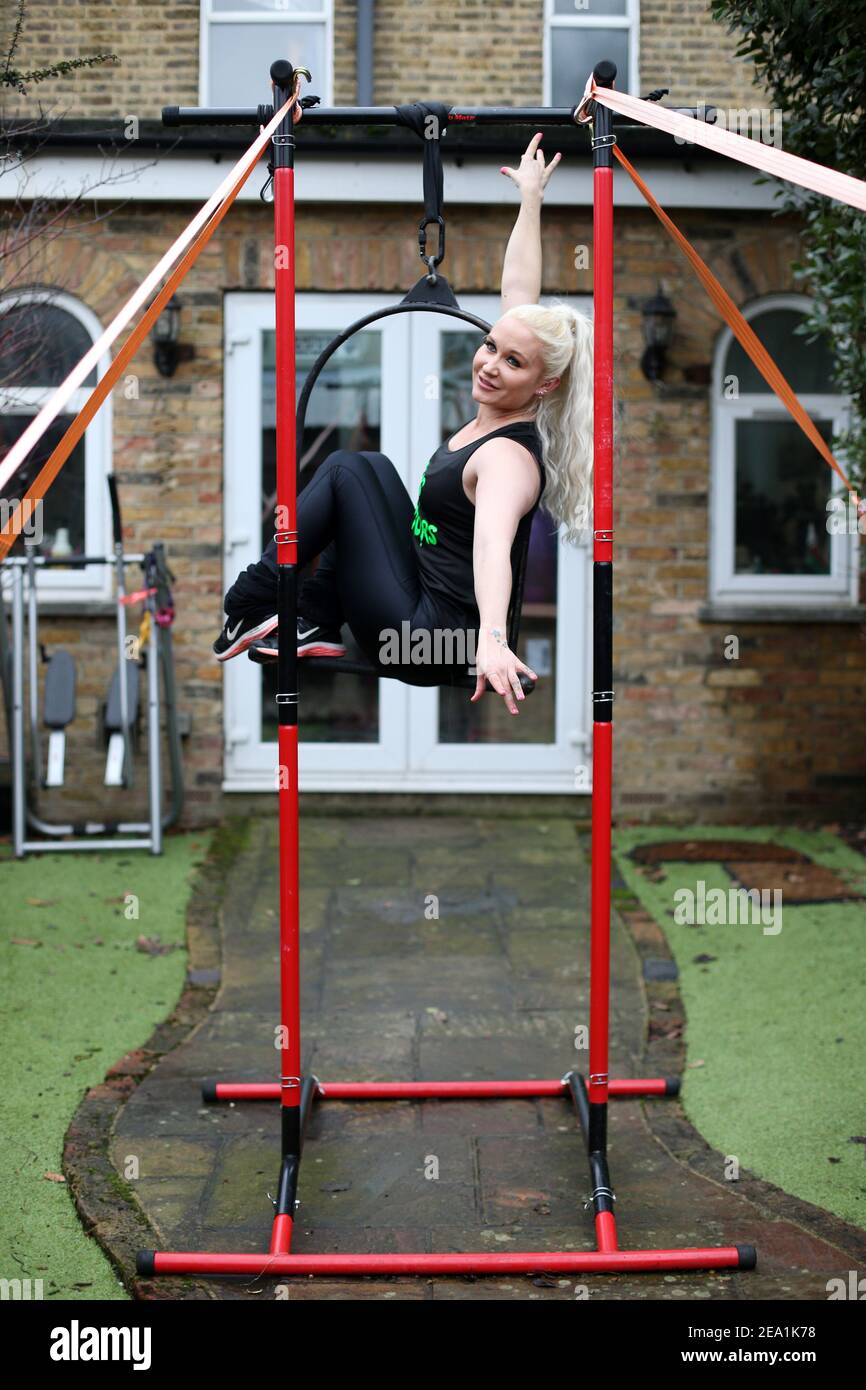 Circus contortionist Stephanie Bates performs on an aerial rig set up