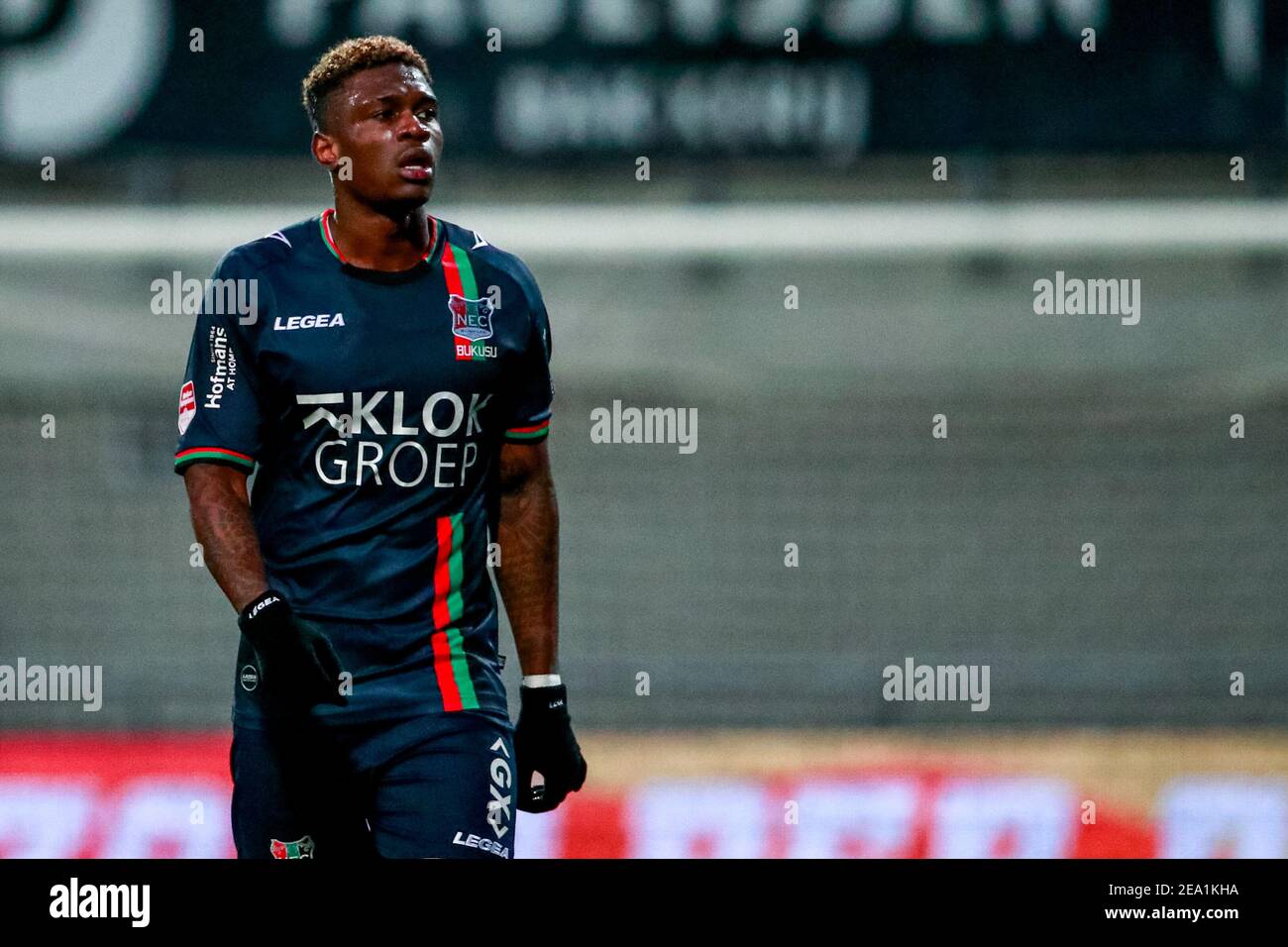 MAASTRICHT, NETHERLANDS - FEBRUARY 6: Kevin Bukusu of NEC disappointed during the Dutch Keukenkampioendivisie match between MVV and NEC at De Geusselt Stock Photo