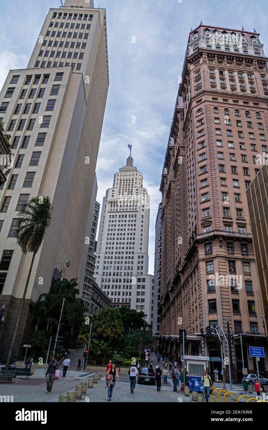 At the end of a street is the  Altino Arantes Building, also known as the Banespa Building skyscraper in Sao Paulo, Brazil. Stock Photo