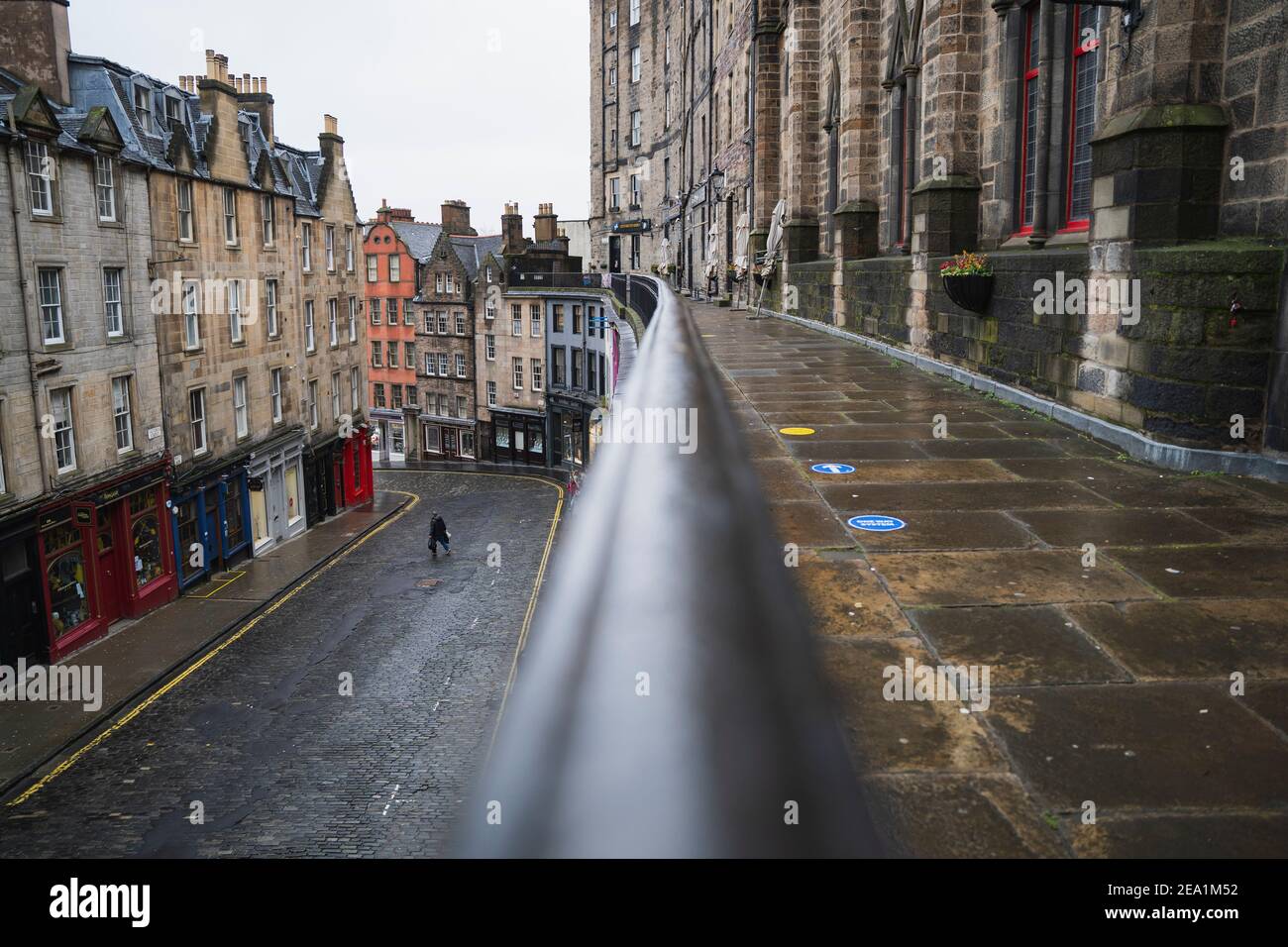 Victoria Street , Edinburgh Old Town. 6 February 2021.Empty street during covid-19 lockdown, Scotland, UK Stock Photo