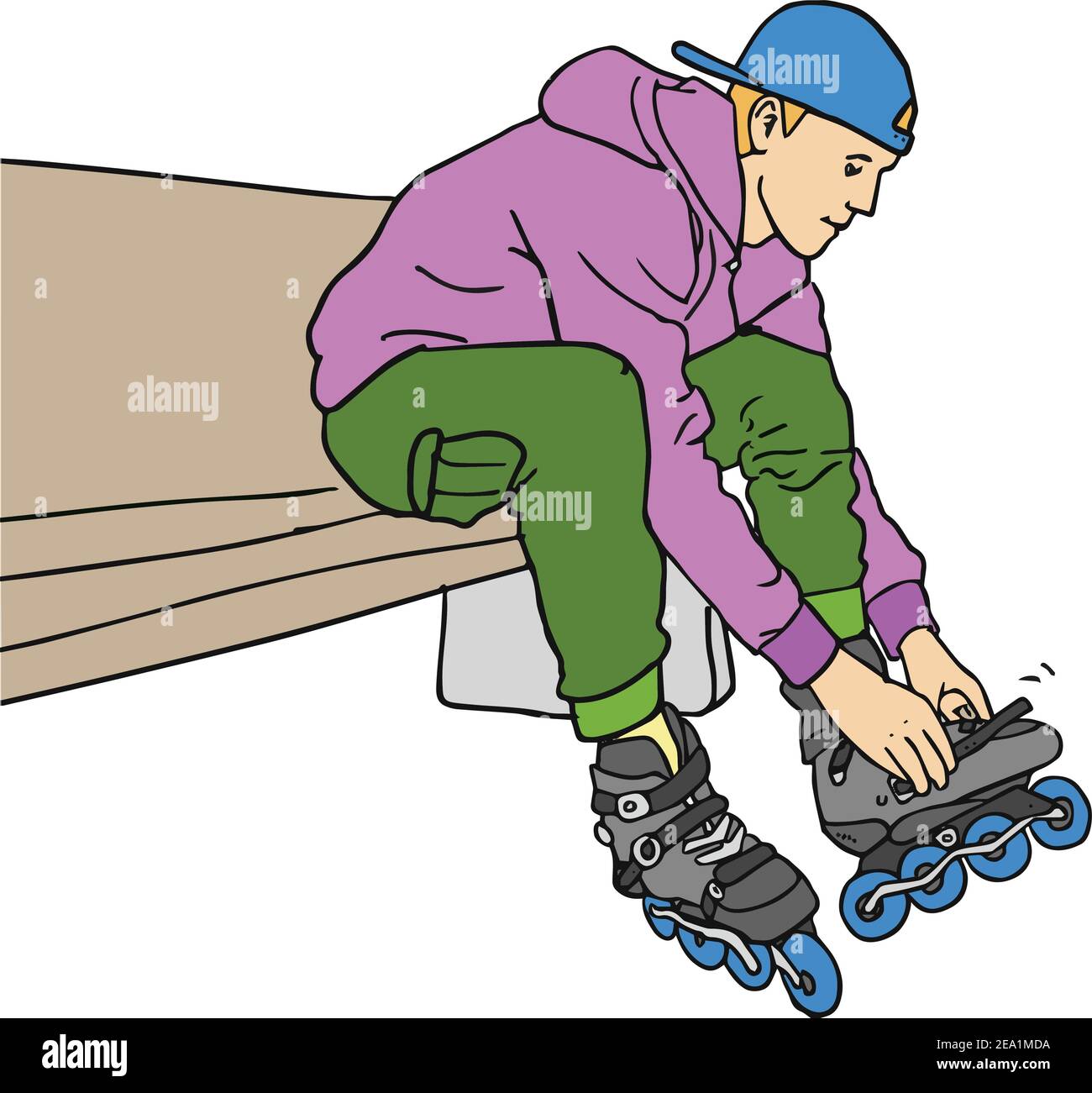 Roller skater sitting on bench and lace up skates Stock Vector