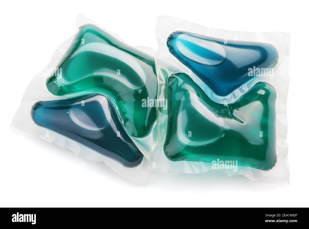 Two washing gel capsule pods with laundry detergent isolated on white background with clipping path Stock Photo