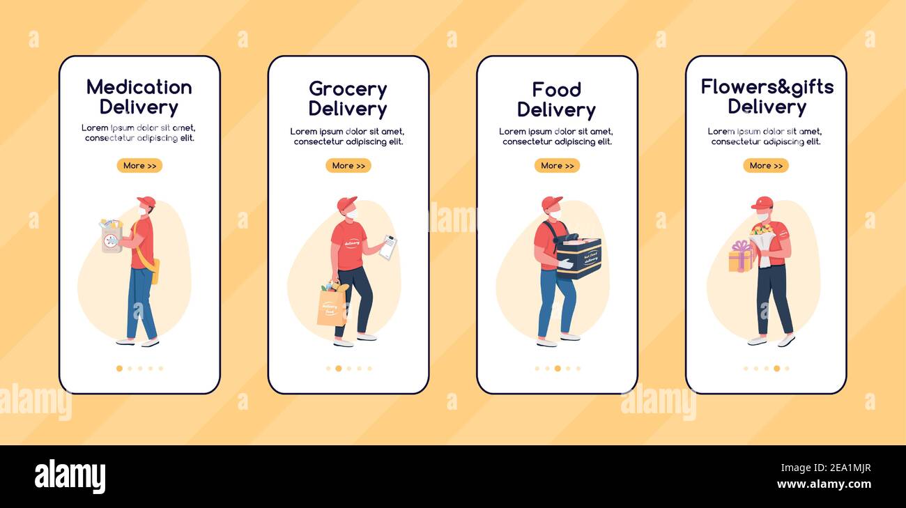 Courier service workers onboarding mobile app screen flat vector template Stock Vector