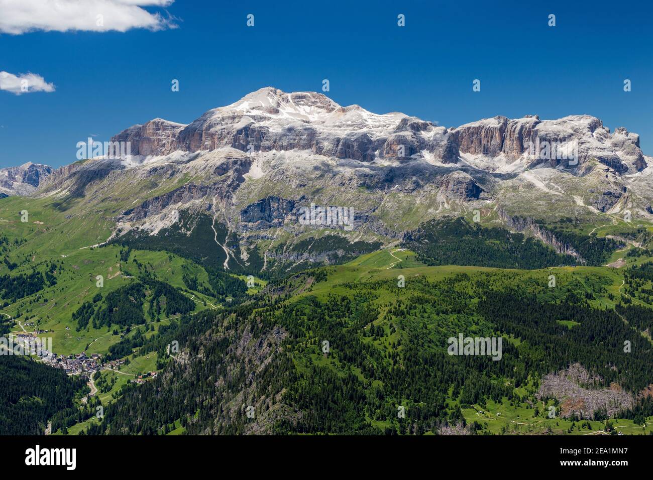 View on the Sella mountain group. Piz Boè peak. Arabba, Passo Pordoi. Italian Alps. Europe. Stock Photo