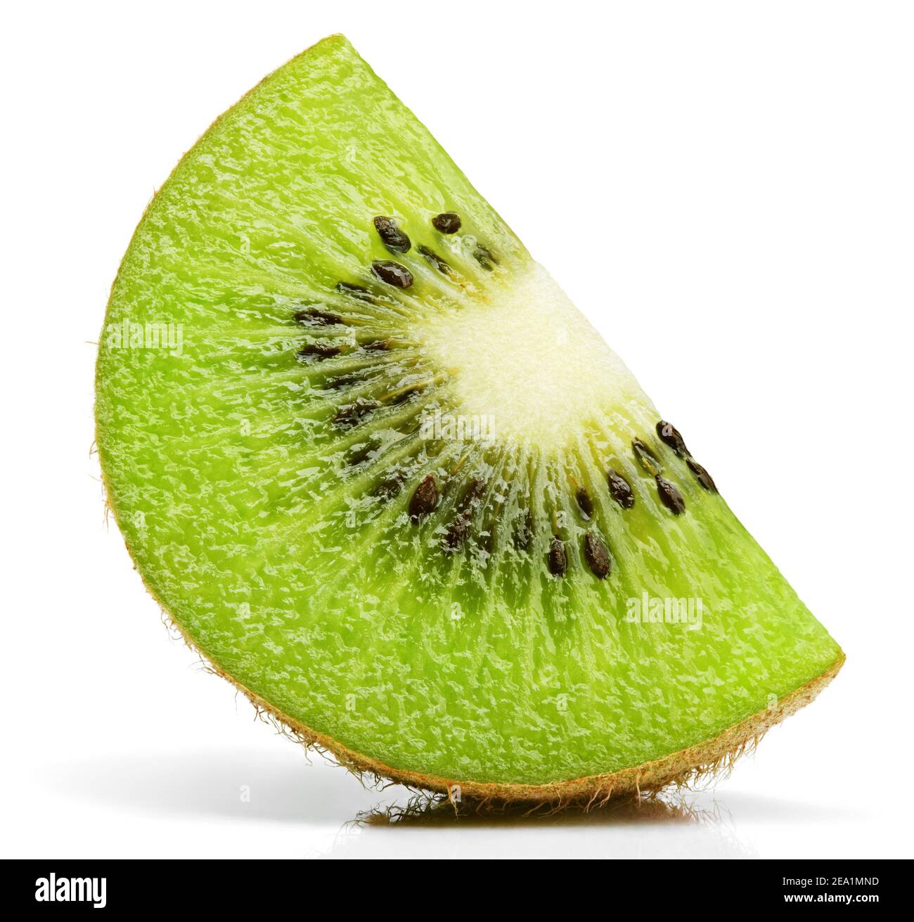 Ripe slice of kiwi fruit stand isolated on white background with shadow Stock Photo