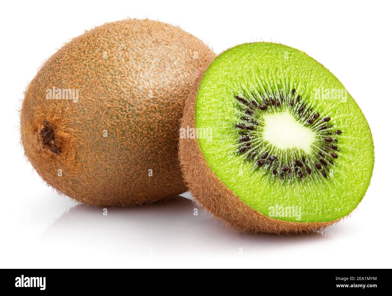 Ripe whole kiwi fruit and half kiwi fruit isolated on white background Stock Photo