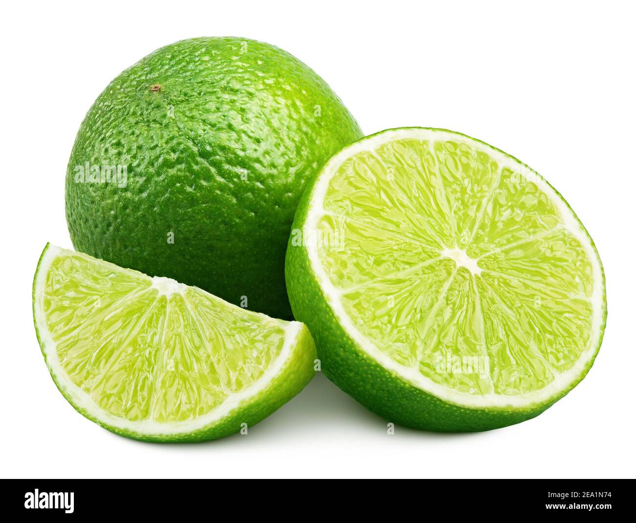 Citrus lime fruit with slice and half isolated on white background. Lime citrus fruit with clipping path Stock Photo