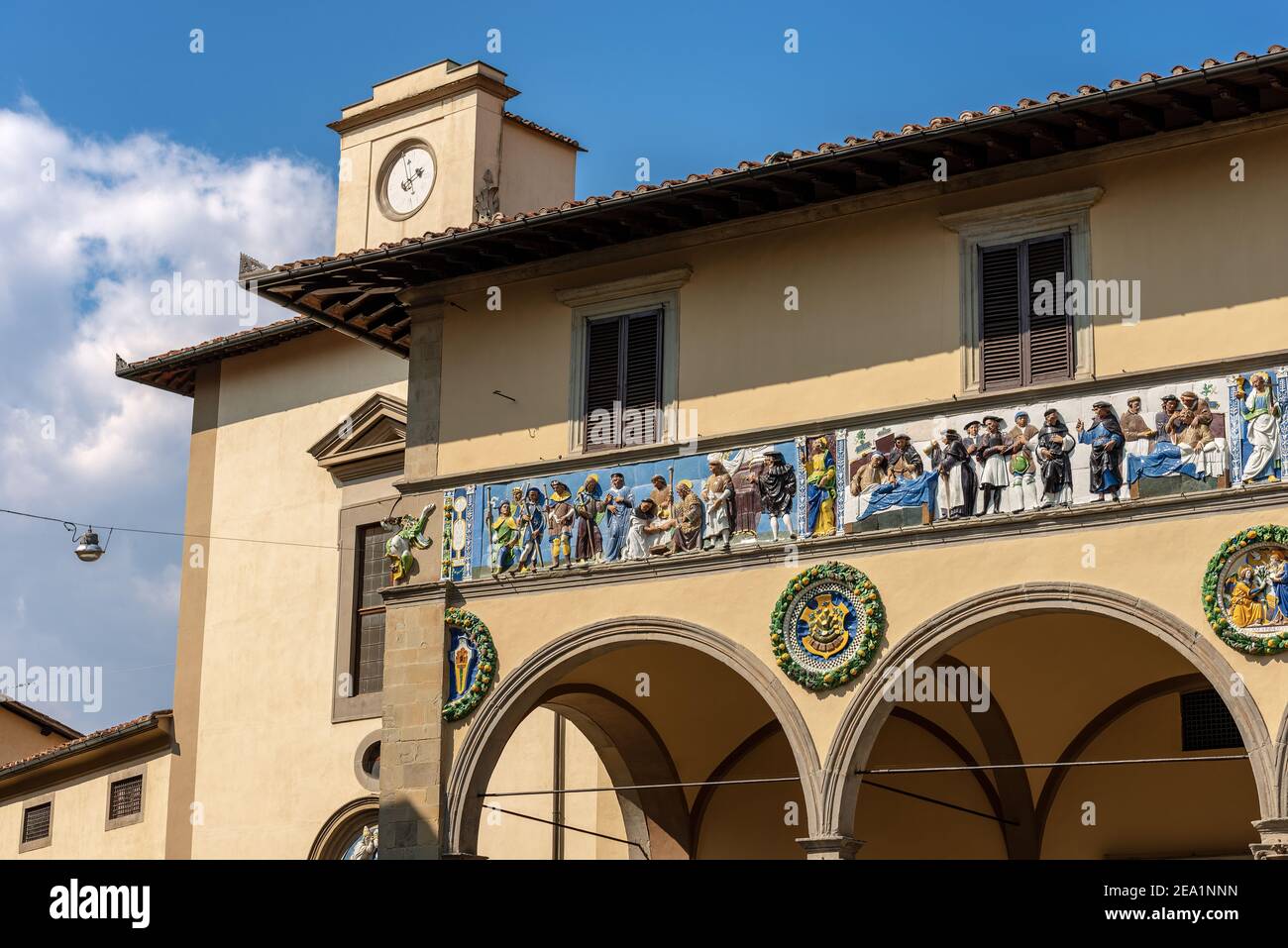 The Ospedale del Ceppo with the famous colorful ceramics, ancient hospital of Pistoia, XIII century. Tuscany, Italy, Europe Stock Photo