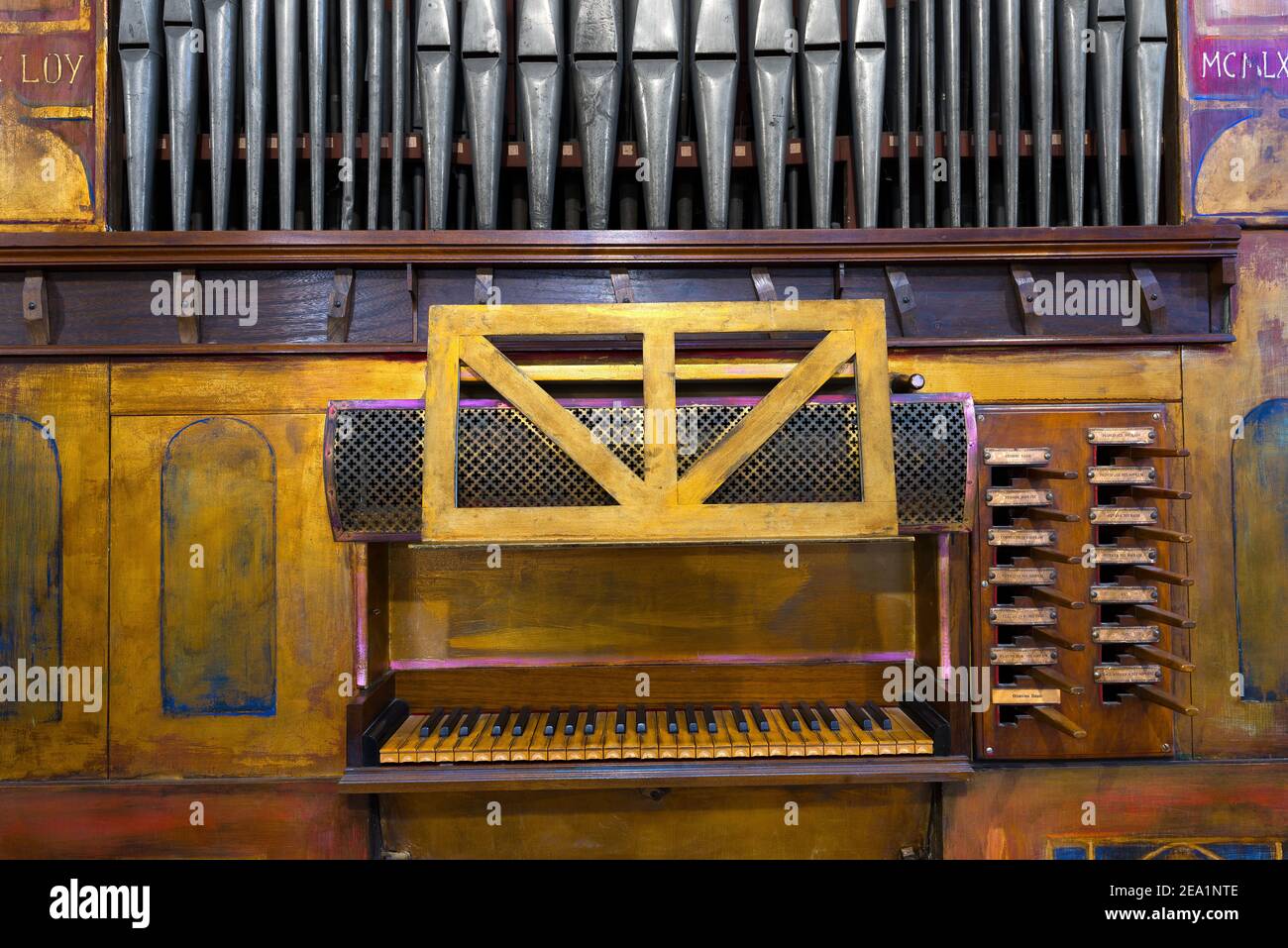Detail of an ancient pipe organ in an Italian church Stock Photo