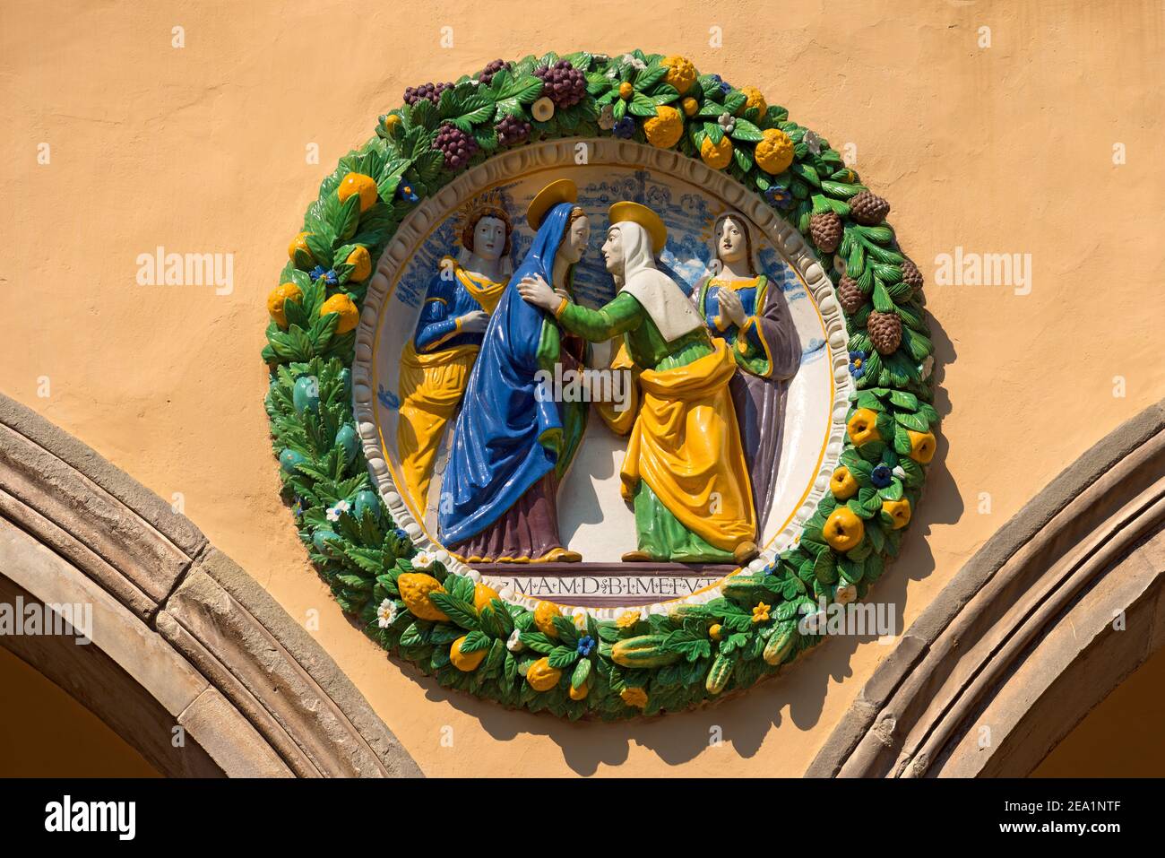 Detail of the Ospedale del Ceppo with the famous colorful ceramics, ancient hospital of Pistoia, XIII century. Tuscany, Italy, Europe. Stock Photo