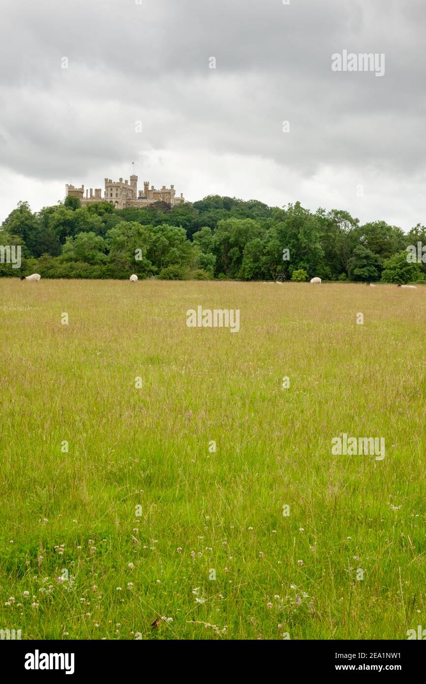 View across farmland of Belvoir castle, home to the Duke and Duchess of Rutland England UK Stock Photo