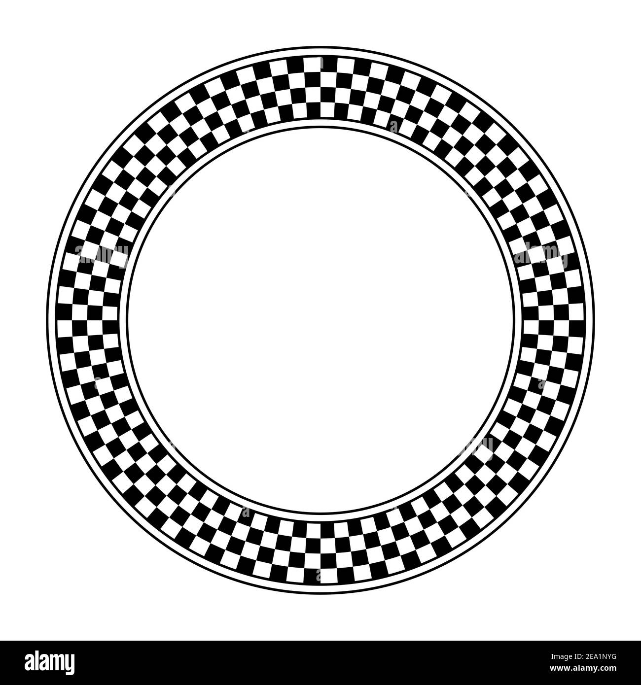 Checkerboard pattern, circle frame. Round checkered pattern frame, made of a checkerboard diagram consisting of black and white alternating squares. Stock Photo