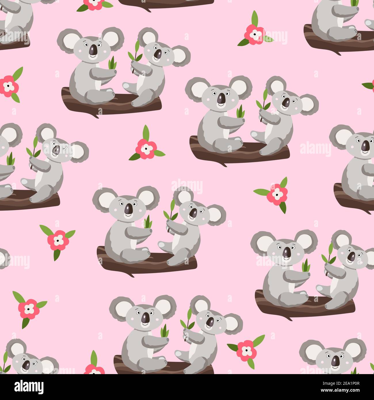 Seamless pattern with cute koala baby and flowers on color background ...