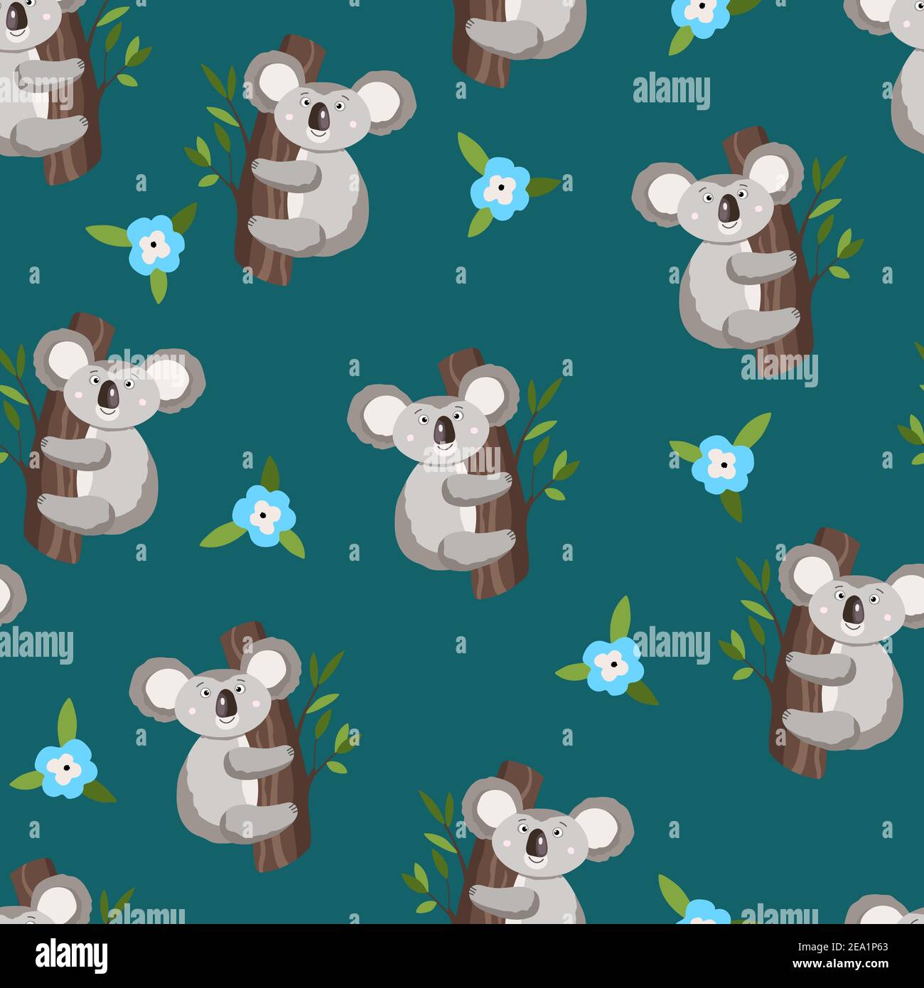Seamless pattern with cute koala baby and flowers on color background ...