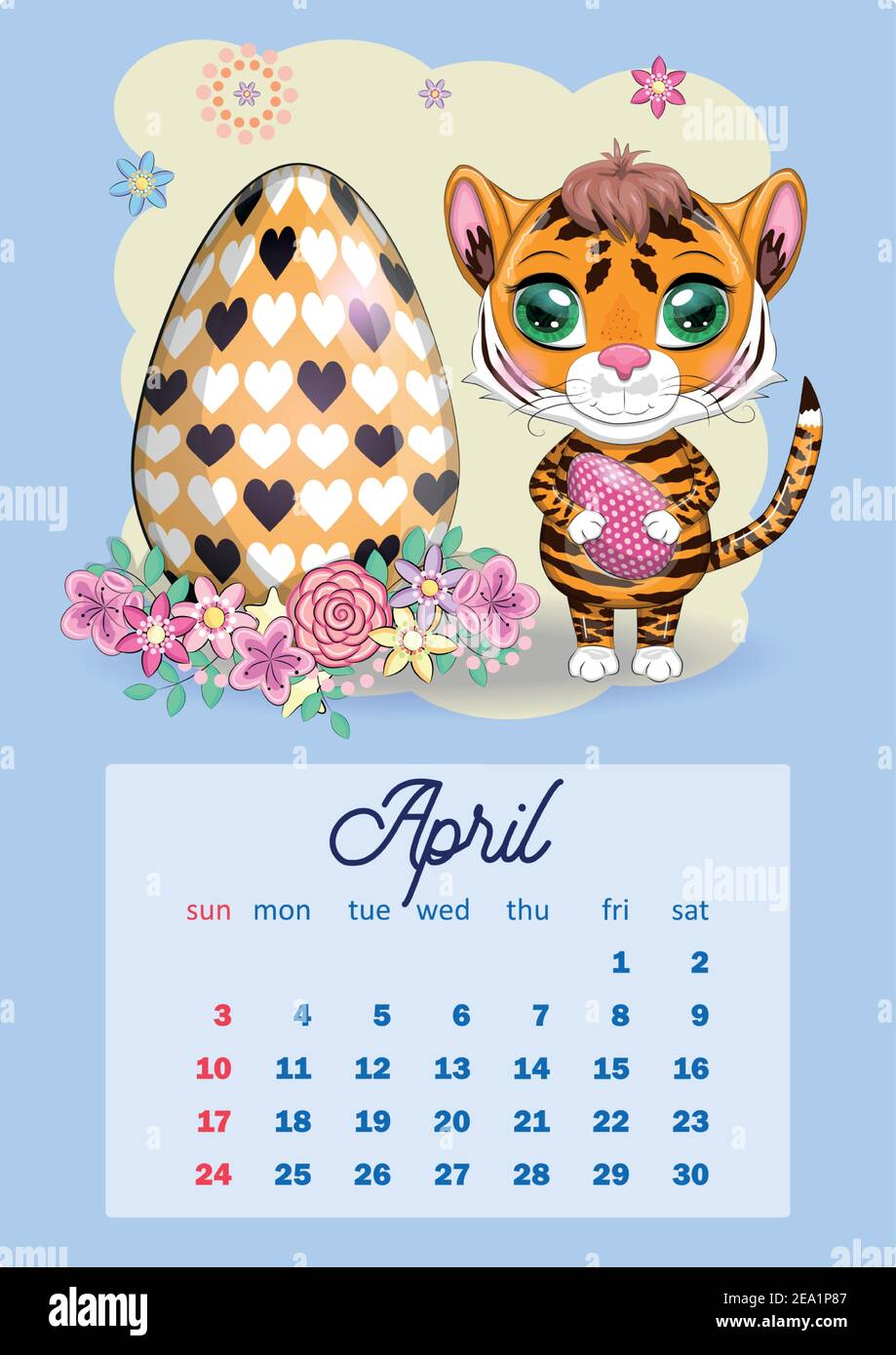 Cute Tiger Wall Calendar Design Template For 2022 Year Of The Tiger According To The Chinese Calendar A4 Format Week Starts On Sunday Stock Vector Image Art Alamy