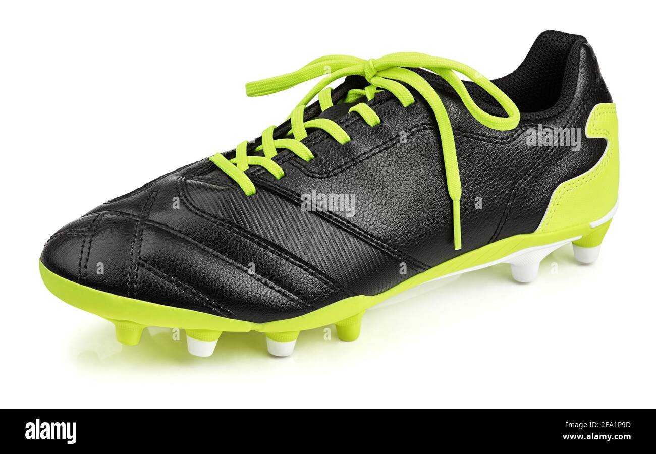 Single black leather football shoe or soccer boot isolated on white background with clipping path Stock Photo